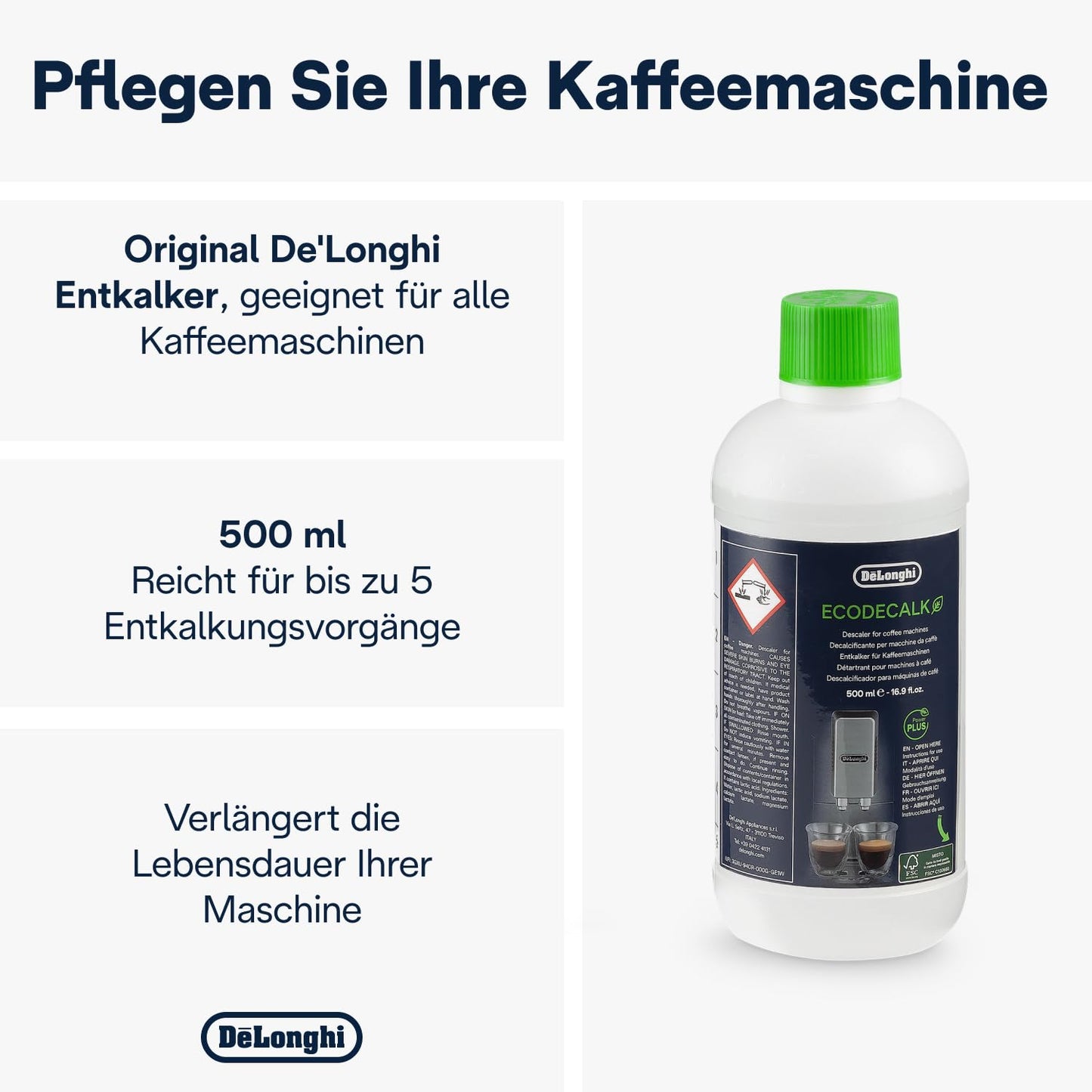 De'Longhi EcoDecalk Descaler (500ml) | For coffee machines and fully automatic coffee machines