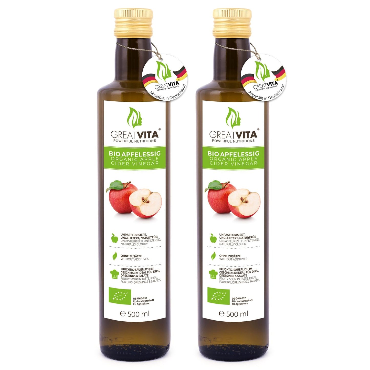 GreatVita 100% Bio Apfelessig (1 Liter): Naturtrüb & ungefiltert aus biologischem Anbau