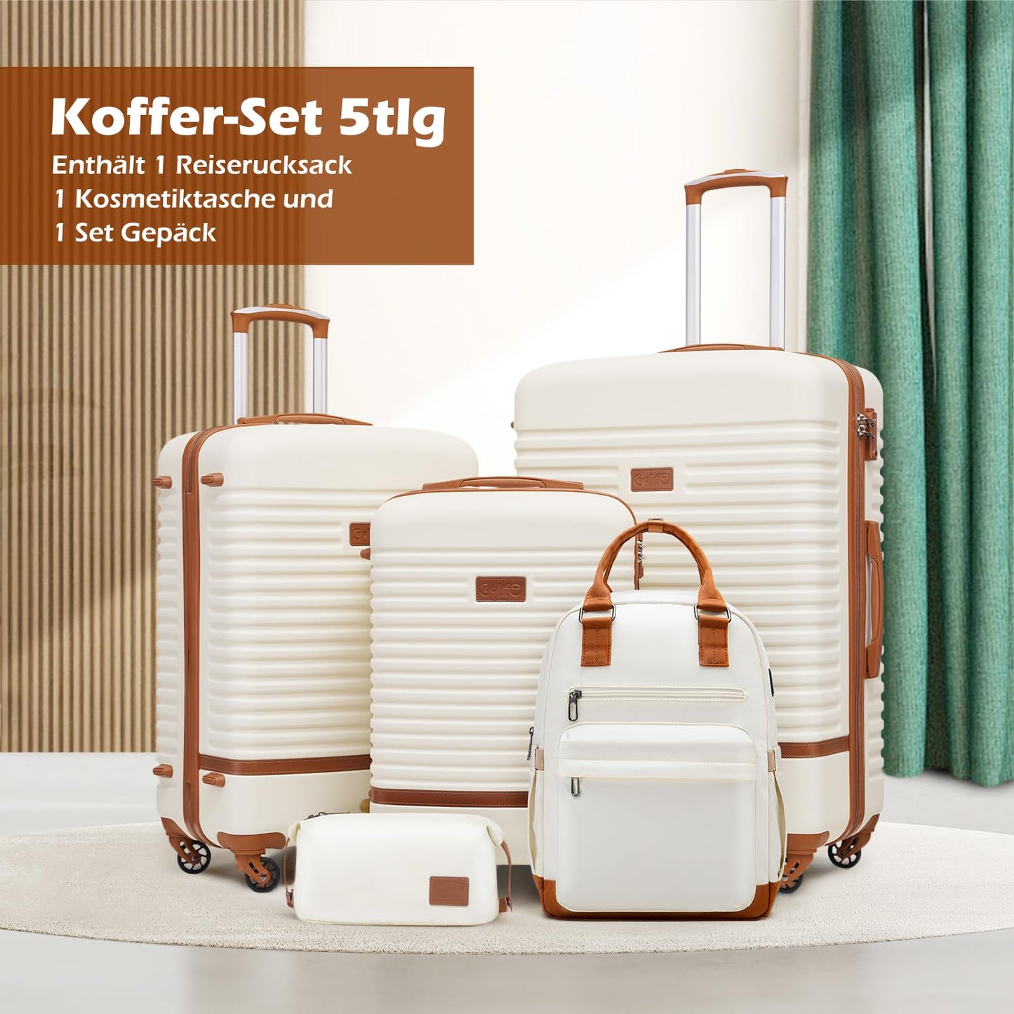 COOLIFE hard-shell travel suitcase set (5 pieces): ABS, 4 wheels, TSA lock | White-brown