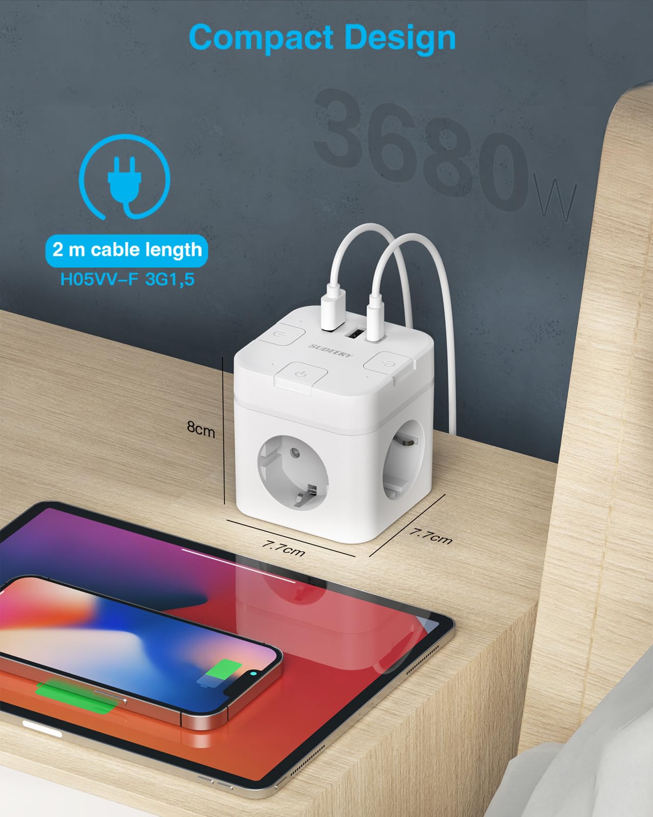 6-in-1 power cube (2m cable) with USB-C: Individually switchable for office, home, travel