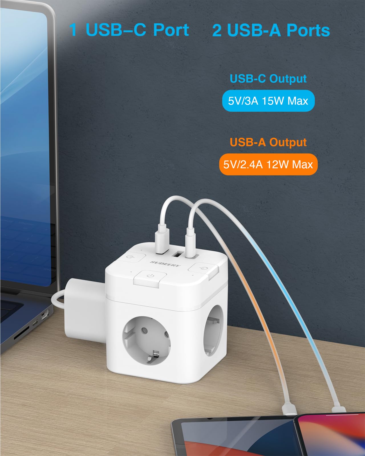 6-in-1 power cube (2m cable) with USB-C: Individually switchable for office, home, travel