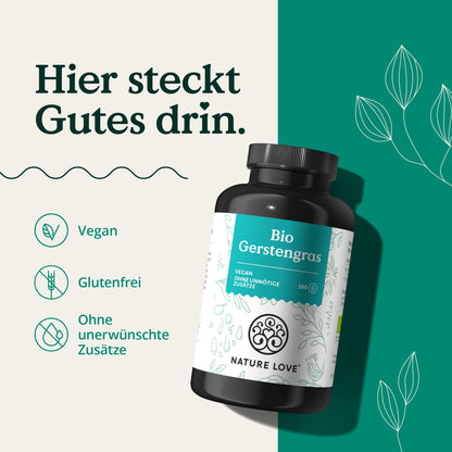 NATURE LOVE® Bio Gerstengras aus deutschem Anbau (1500mg je Tagesdosis): 180 Kapseln - Hochdosiert