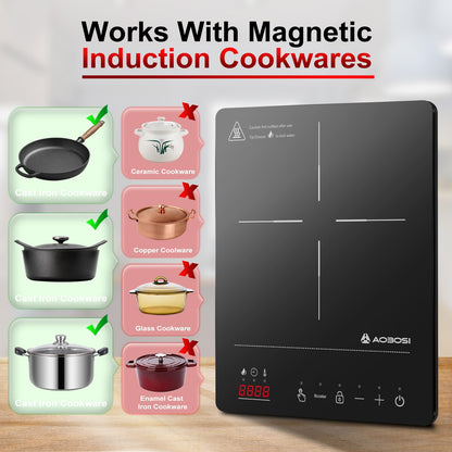 Aobosi Induktionskochfeld 1 Platte,Induktionskochplatte mit Booster-Funktion, 20 Leistungsstufen und Temperaturstufen,Kompakte Größe,2000W Tragbares Induktionskochfeld,10H-Timer,Schwarz