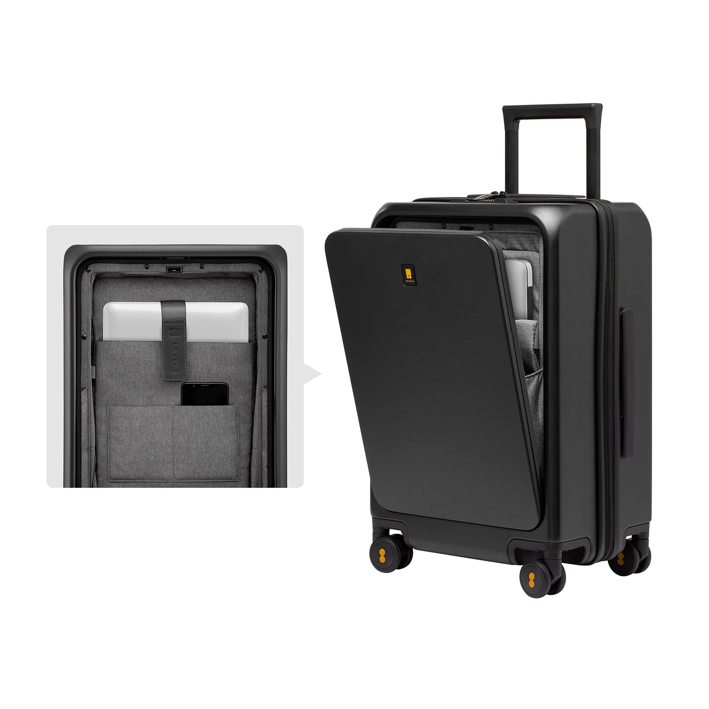 LEVEL8 Hartschalen-Reisekoffer mit USB & Front Laptopfach: TSA-Schloss (Schwarz)