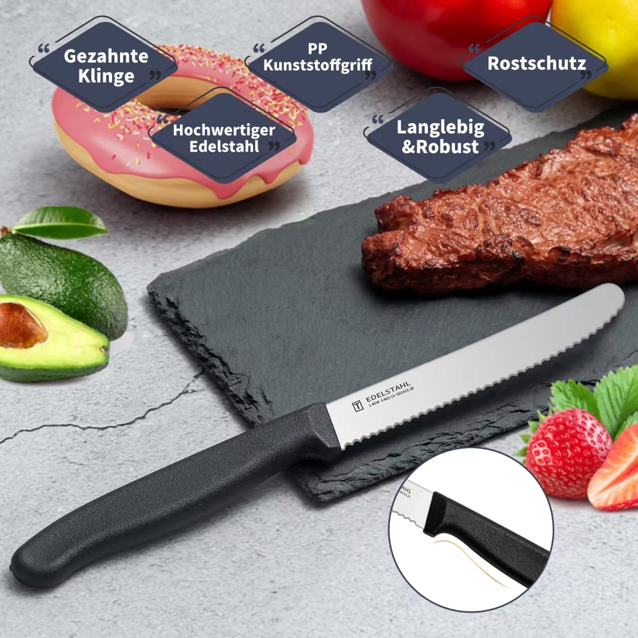 Hochwertiges Edelstahl Wellenschliff Frühstücksmesser (6 Stück) mit Kunststoffgriff: Spülmaschinenfest