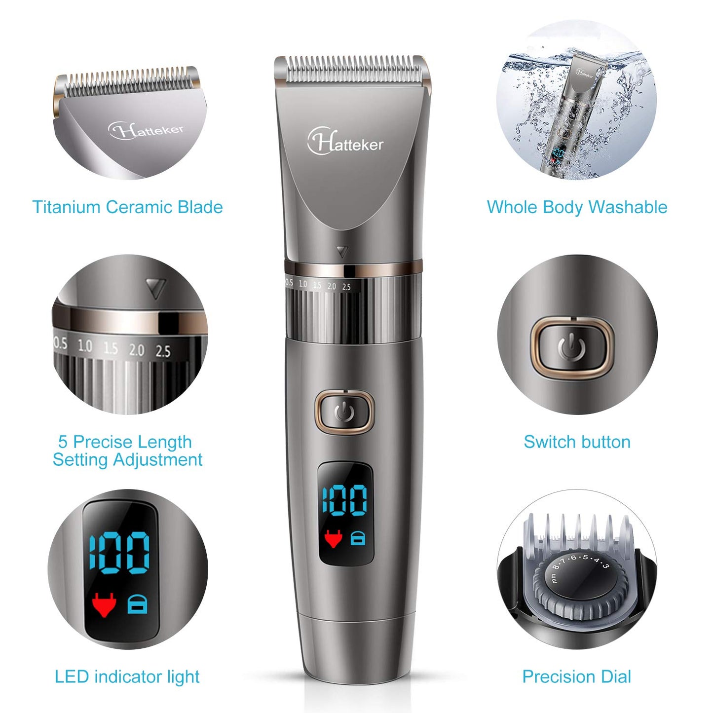 HATTEKER 3-in-1 professional hair clipper with beard trimmer, precision trimmer