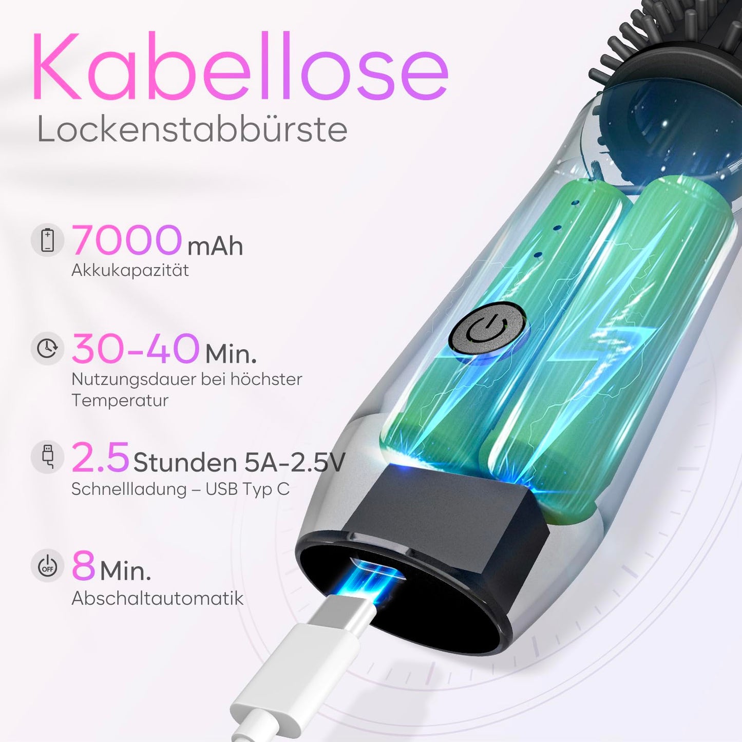 Wireless Travel Curling Iron Mini Brush for Women (7000mAh): USB Rechargeable with Negative Ions