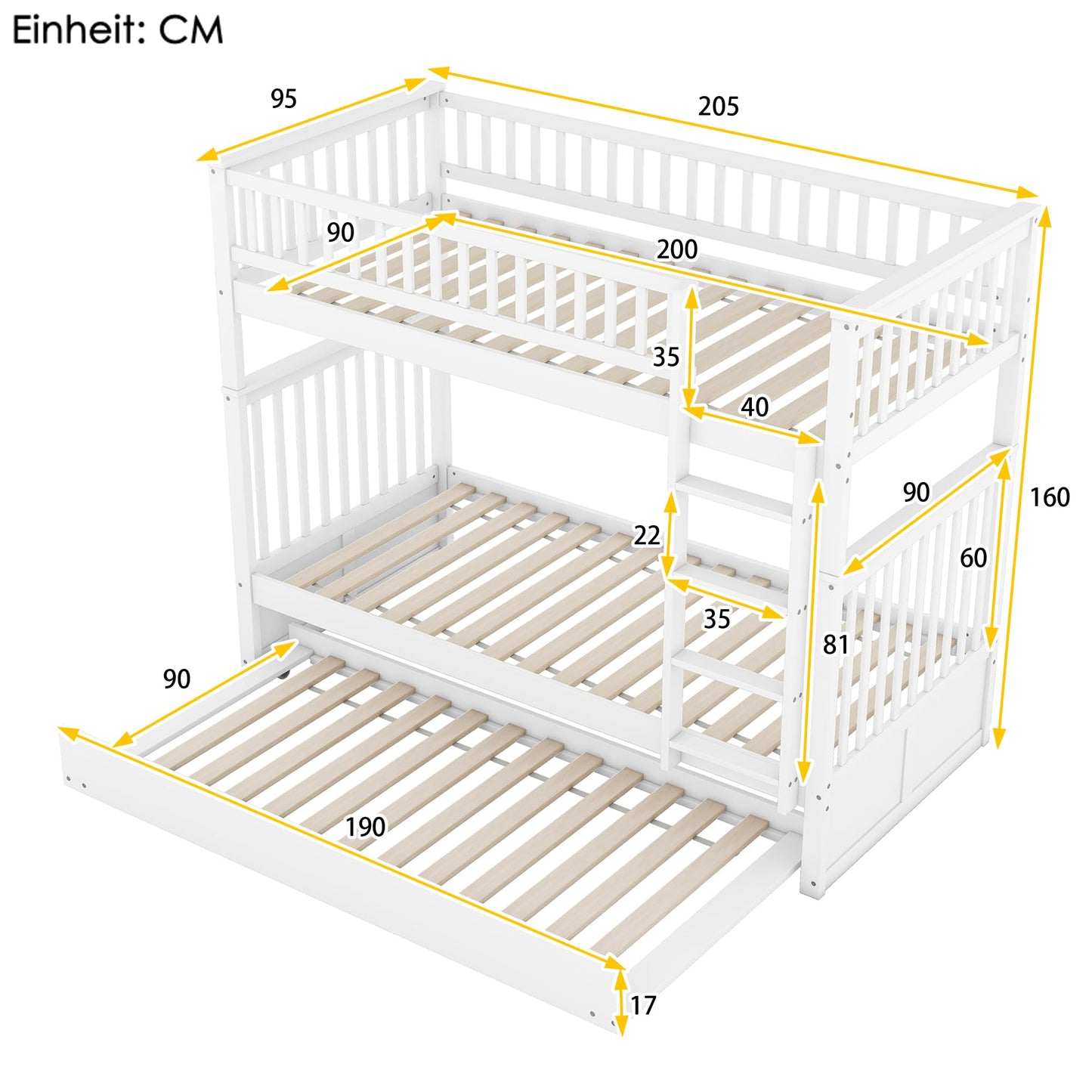 Children's bunk bed 'Kehun' (90×200cm) with pull-out bed and ladder for 2-3 children