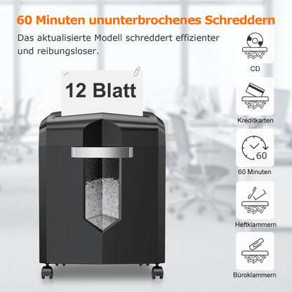Bonsaii 12-Blatt Partikelschnitt Aktenvernichter, läuft 60 Minuten lang, Hochleistungs schredder aktenvernichter für Home Office, P4 Mikroschnitt papierschredder mit 4 Rollen & 16L Behälter(C266-B)