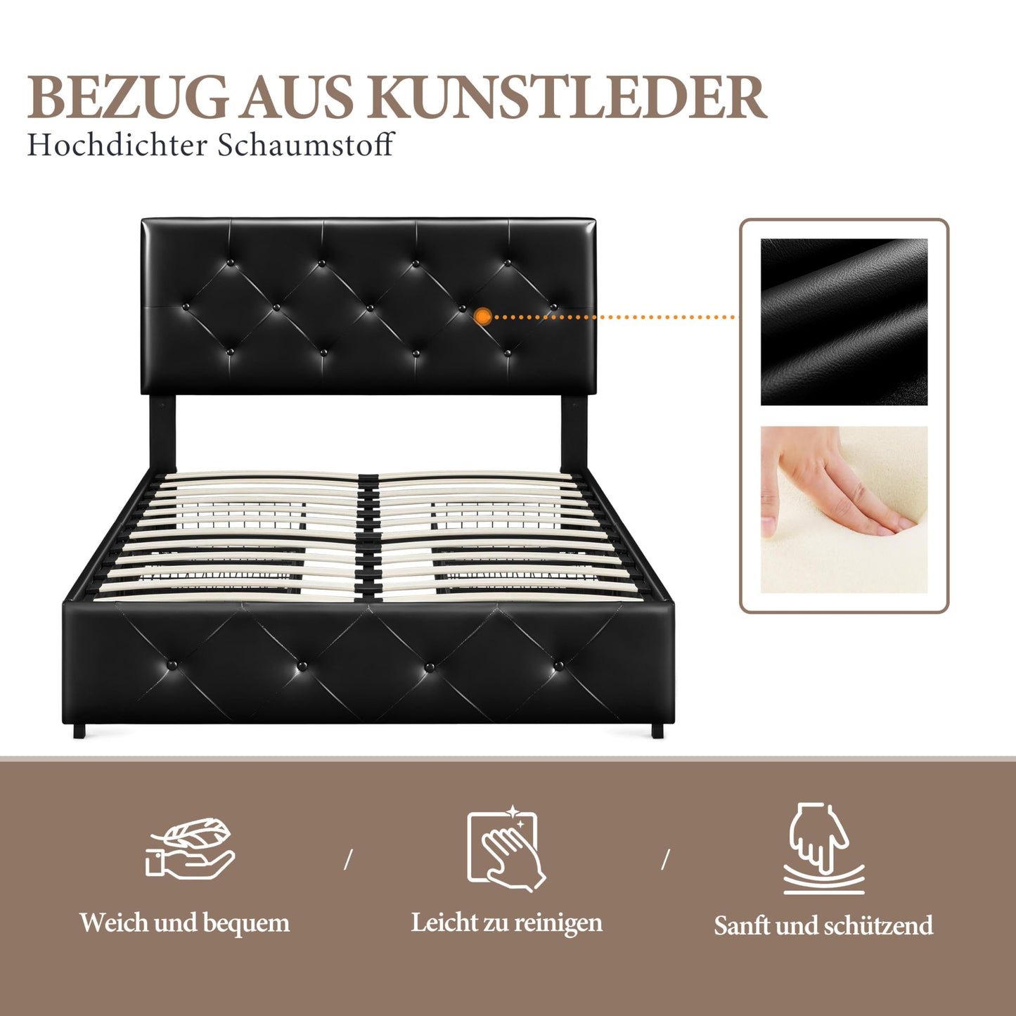 Upholstered bed with 4 storage drawers (140x200cm): Double bed frame with slatted frame | Black