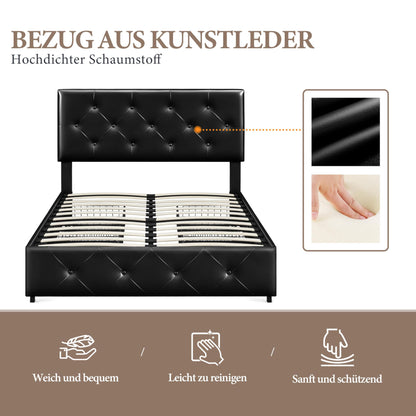 Upholstered bed with 4 storage drawers (140x200cm): Double bed frame with slatted frame | Black