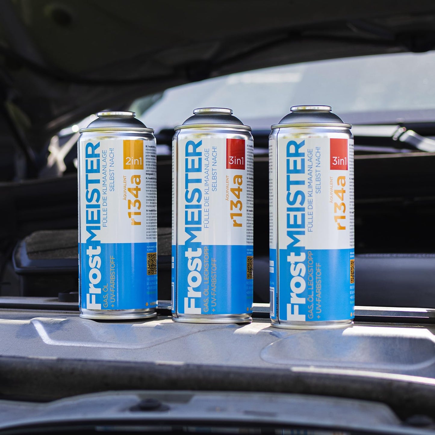 FrostMEISTER 3-in-1 Auto-Klimaanlage Nachfüllset für R134a (2x 400ml Dose & Schlauch mit Manometer)