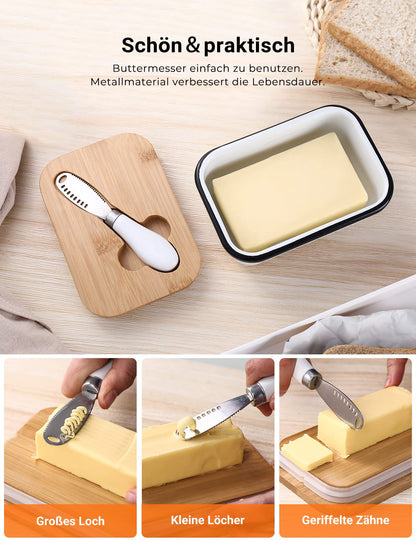 Butter dish with wooden lid for 250g butter with multifunctional butter knife