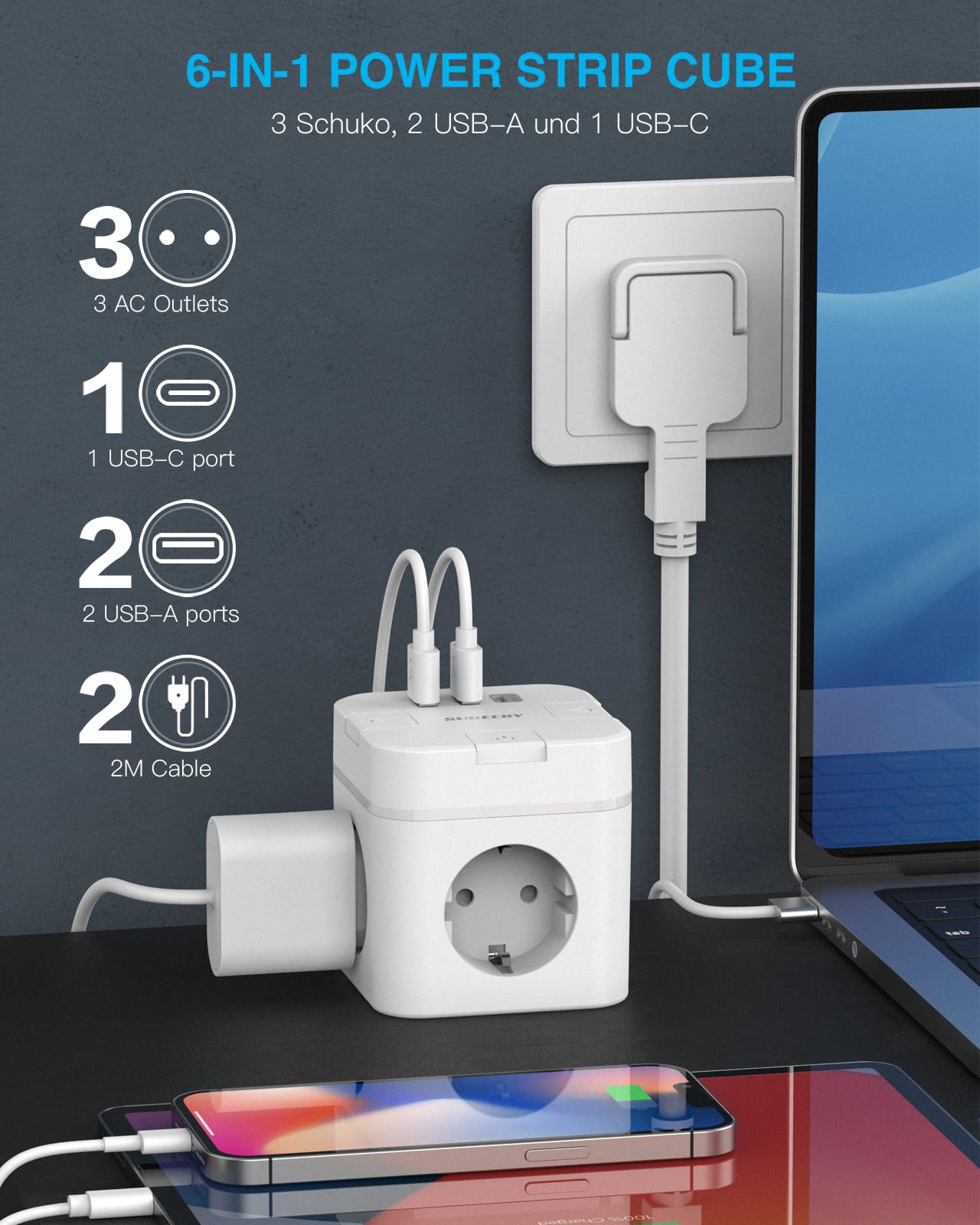 6-in-1 power cube (2m cable) with USB-C: Individually switchable for office, home, travel