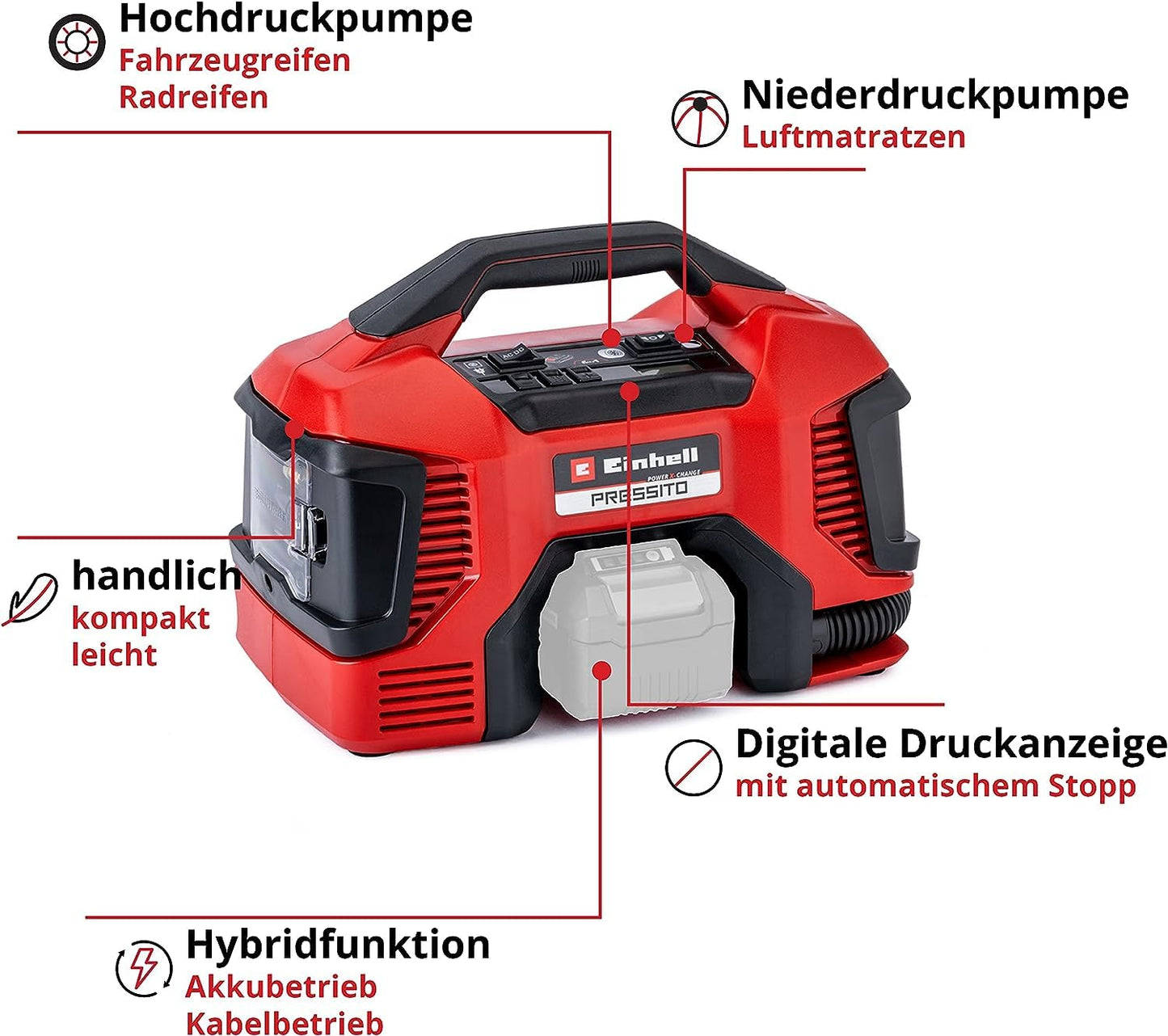 Einhell PRESSITO hybrid compressor including 3-piece adapter set: Power X-Change 18V, without battery