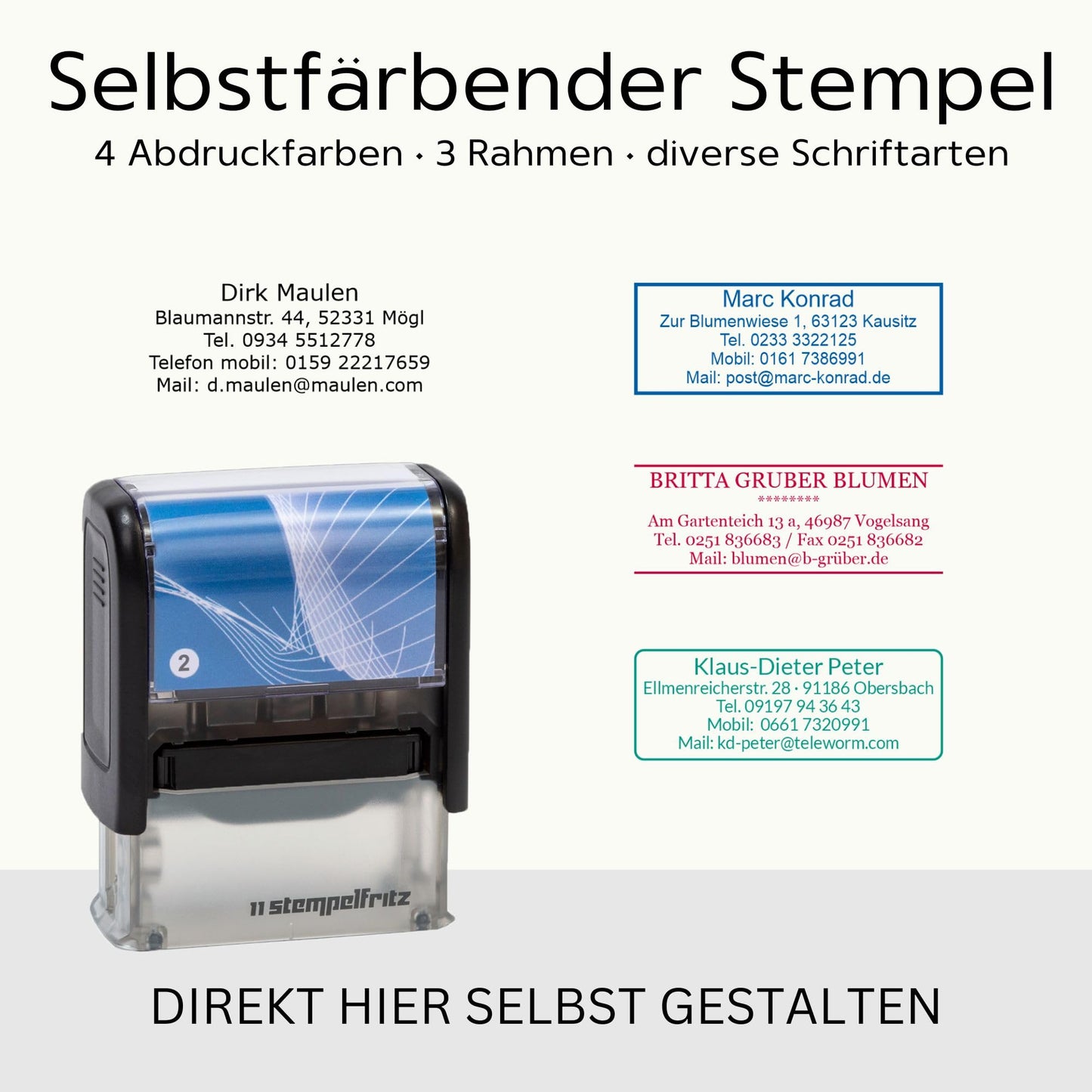 stempelfritz personalized company stamp with case in black and blue