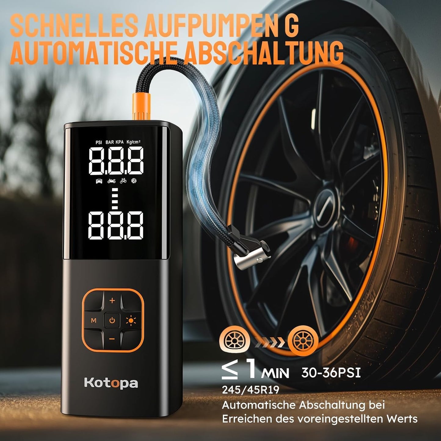 KOTOPA Electric Air Pump (150PSI): Rechargeable Air Compressor with 4 Adapters