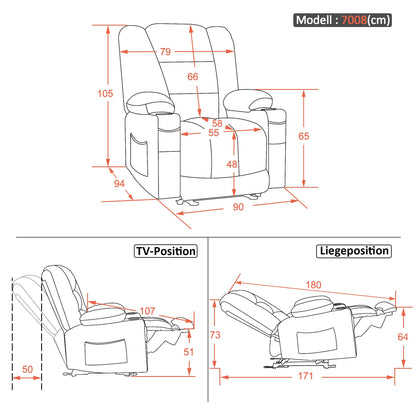 M MCombo Fernseh- Relaxsessel (7008) mit Liege-, Massage und Wärmefunktion: Elektrisch verstellbar, USB & Getränkehalter in Grau