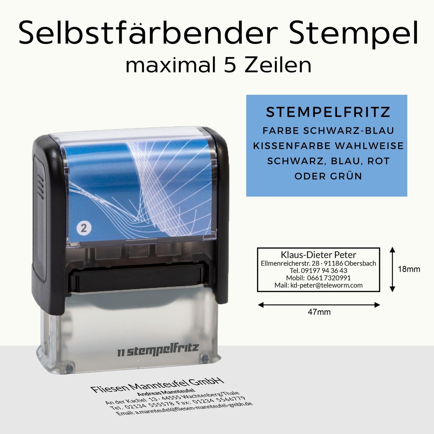 stempelfritz personalized company stamp with case in black and blue