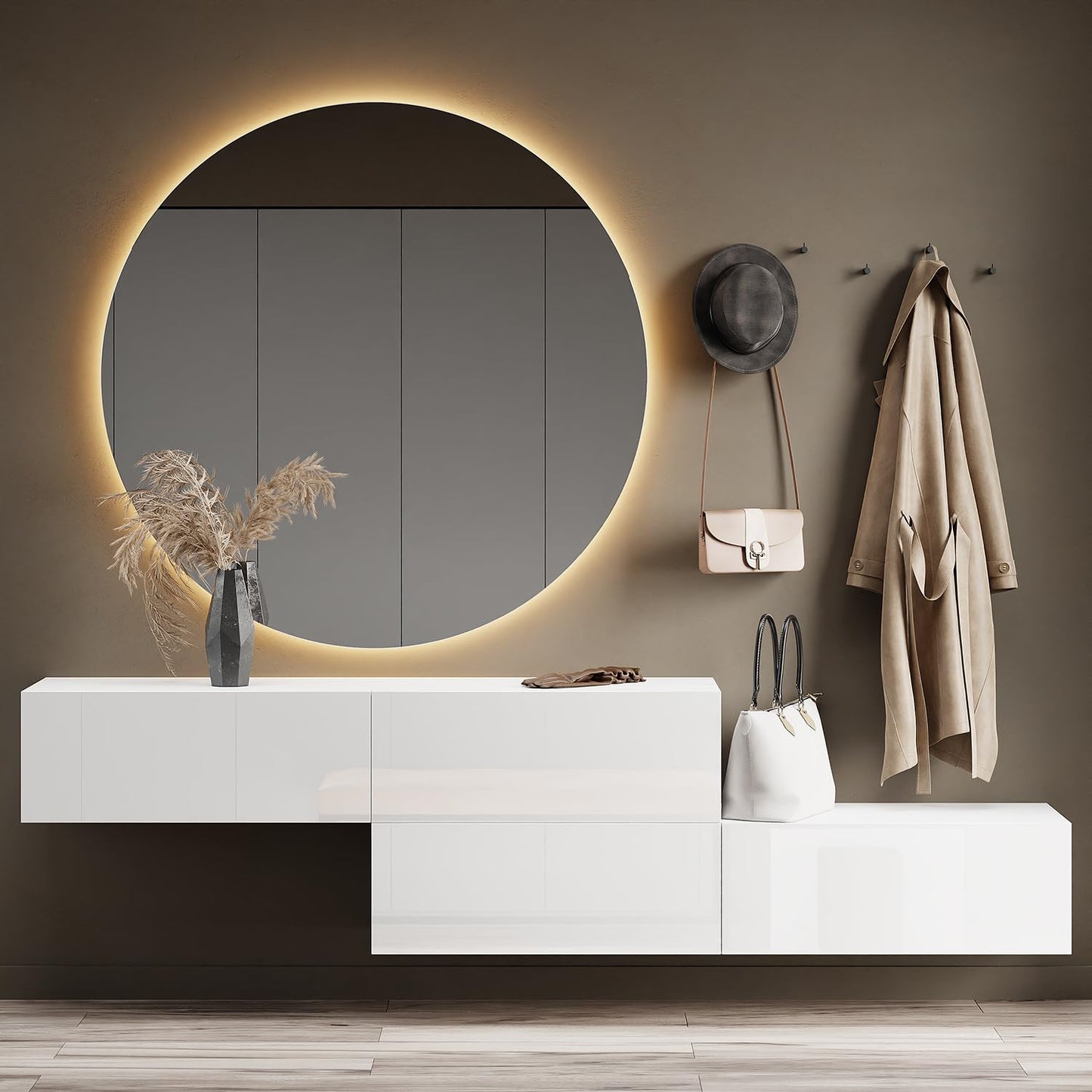 Planetmöbel Flurgarderobe (2x160cm) inkl. Rundspiegel mit Beleuchtung (100cm) in Weiß