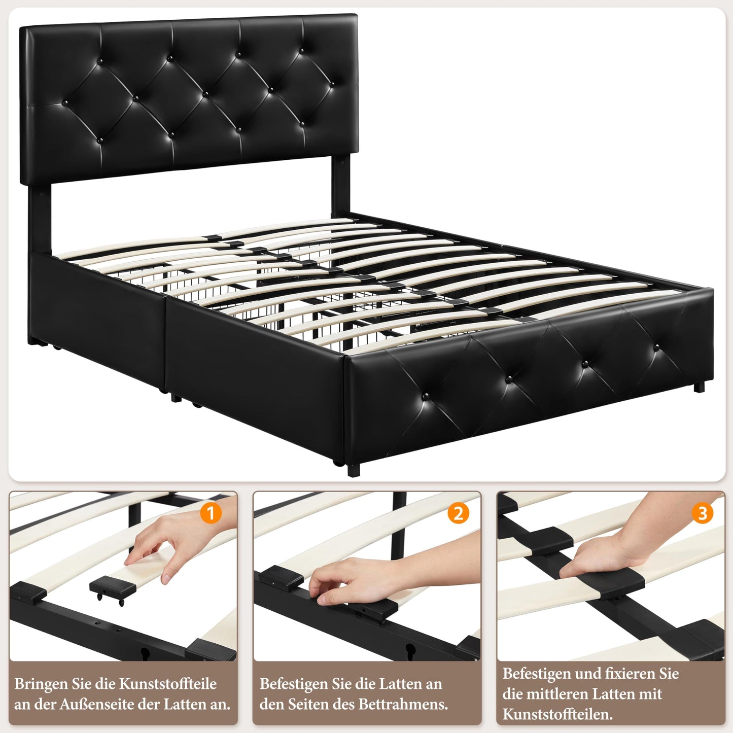Upholstered bed with 4 storage drawers (140x200cm): Double bed frame with slatted frame | Black