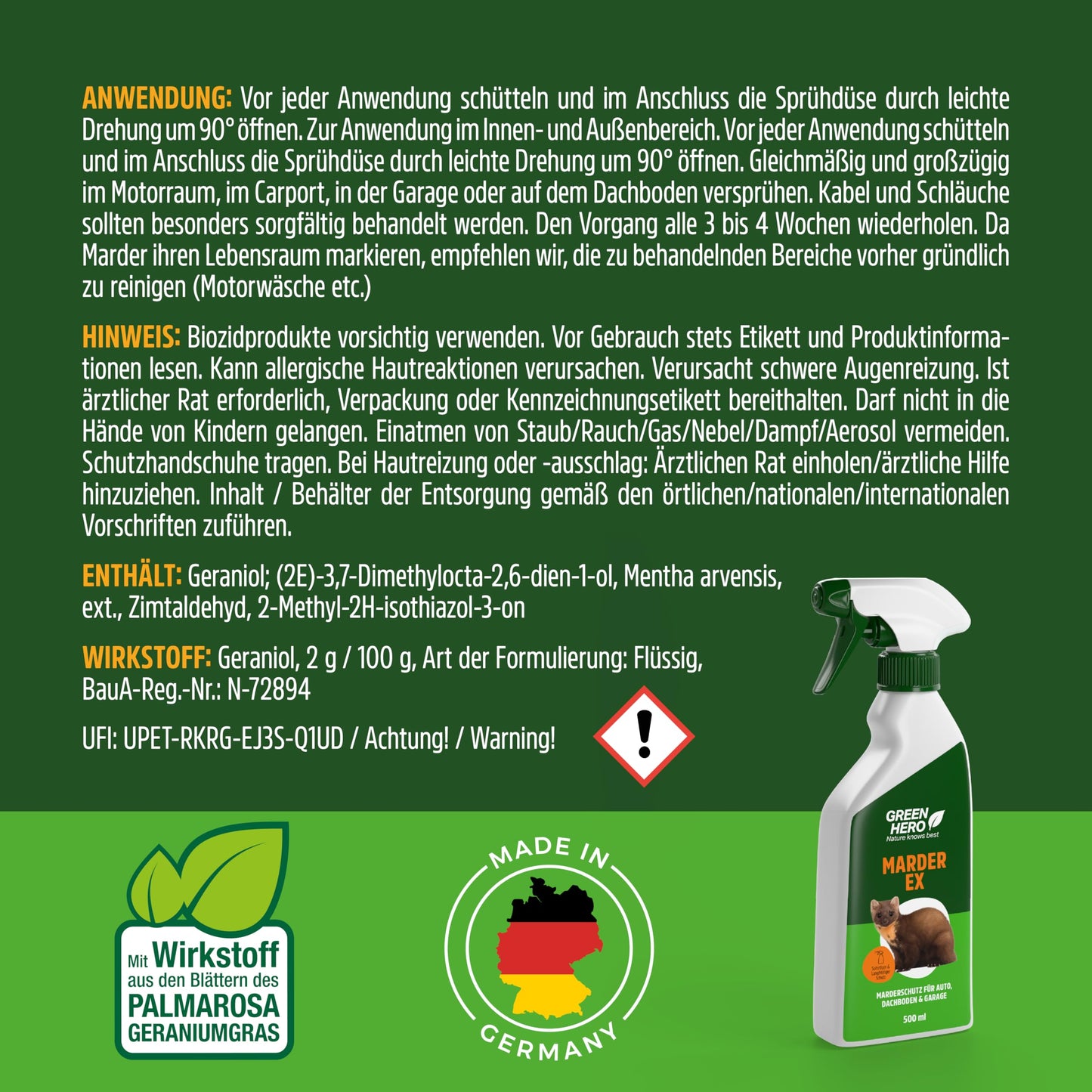 GREEN HERO Marten-EX (500ml): Marten repellent, marten deterrent car spray