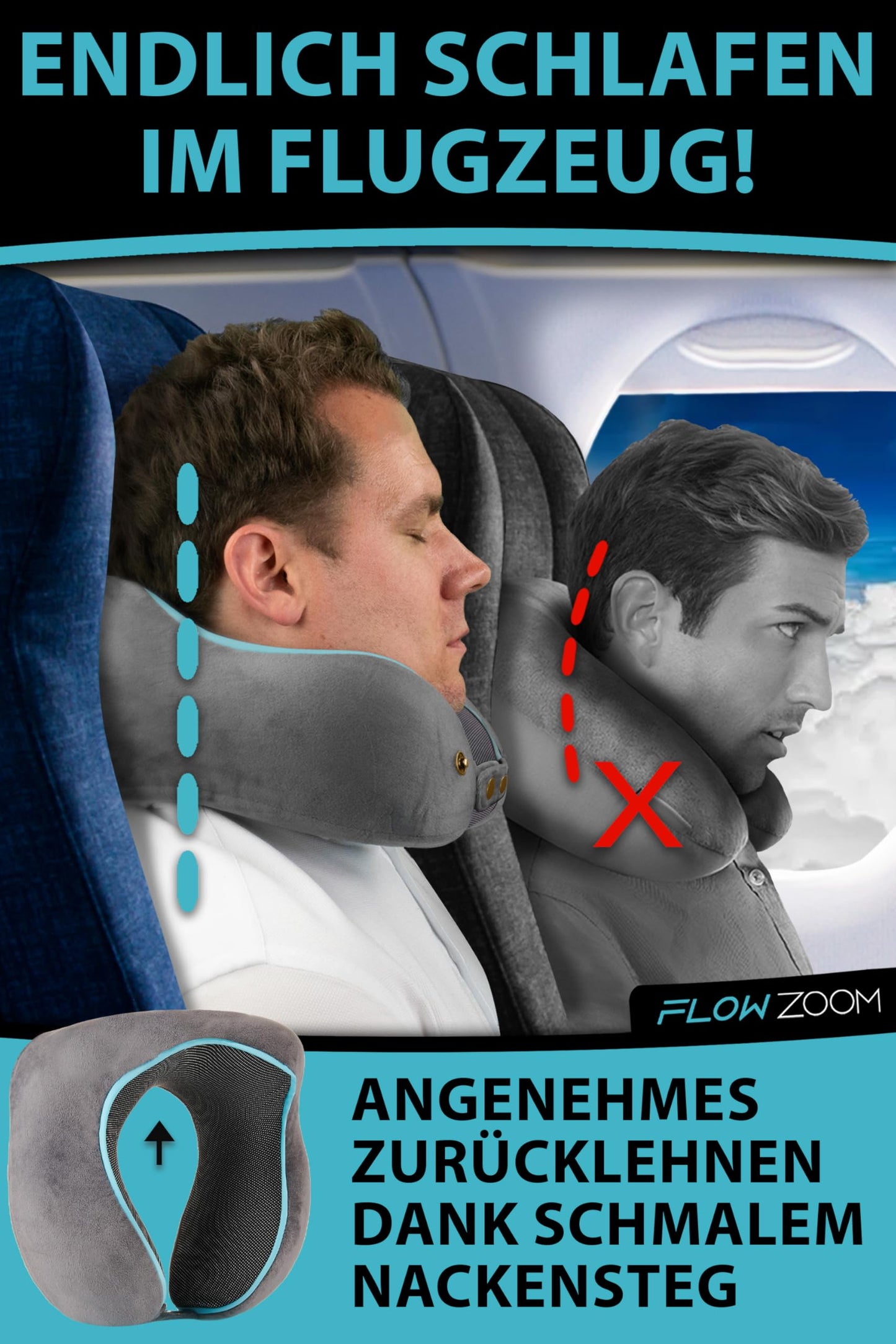 FLOWZOOM Neck Pillow for Airplane &amp; Car | Adjustable Memory Foam with Flexible Snap Fasteners