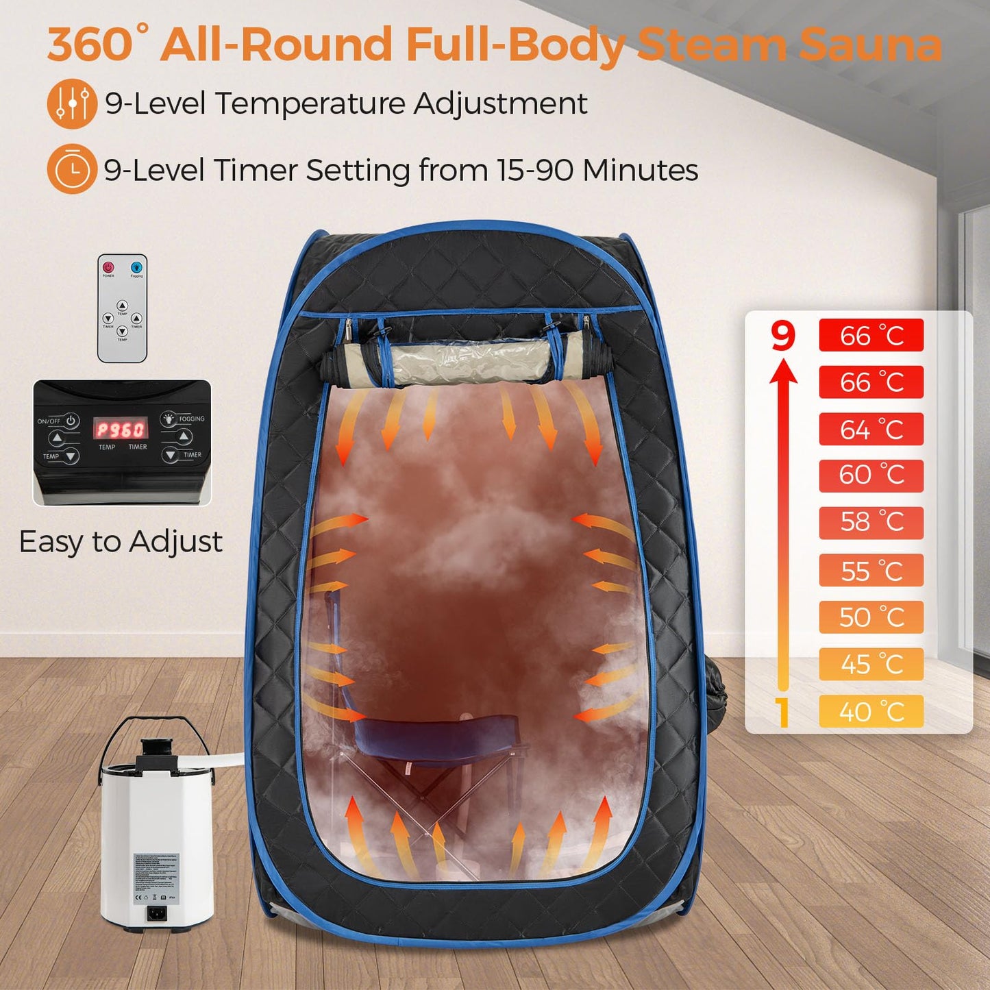 HOMASIS Steam Sauna for Home with Remote Control, Folding Chair &amp; Foot Massager (Black)