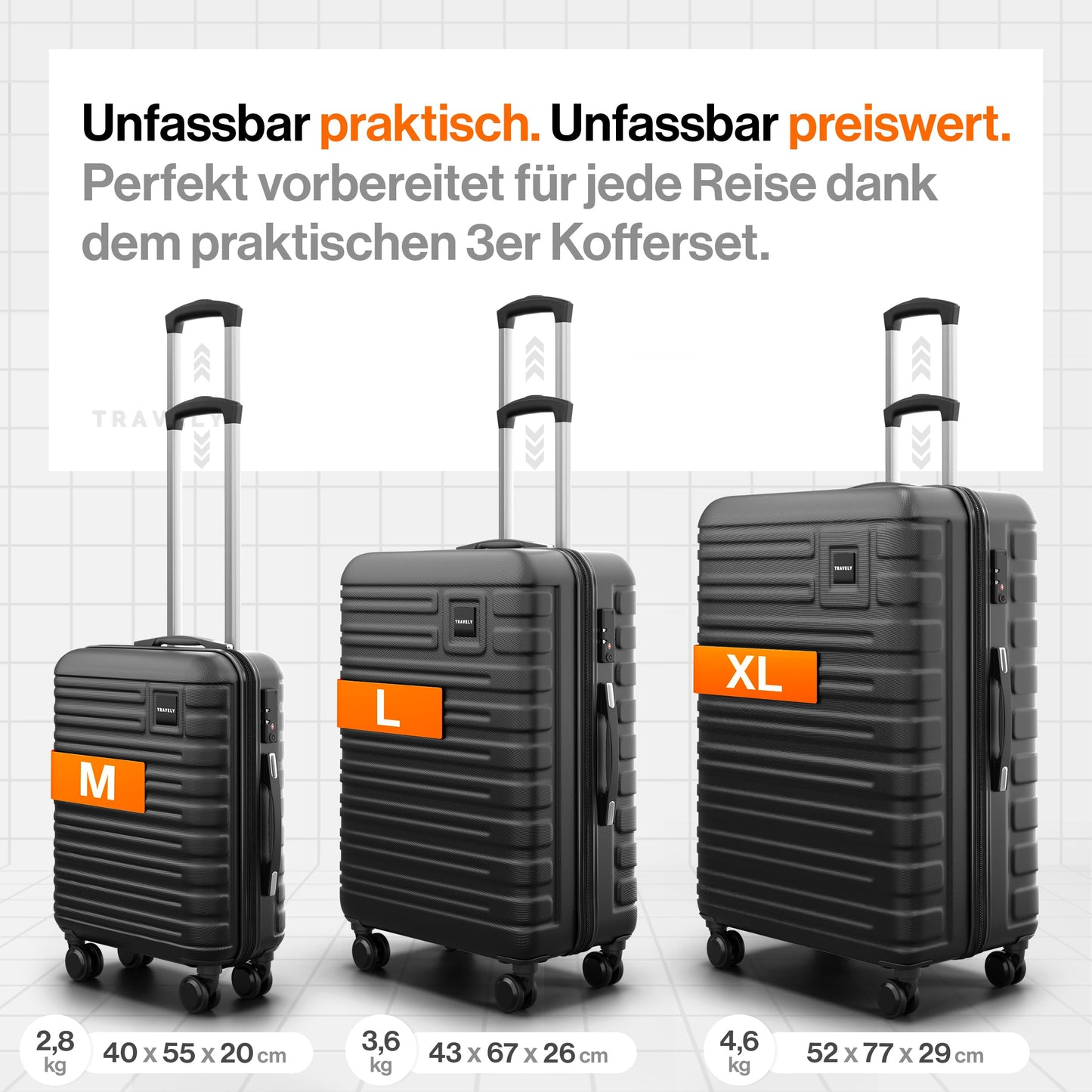 TRAVELY Polycarbonat Koffer-Set (3-teilig) mit sanften Rollen & TSA Schloss | Schwarz