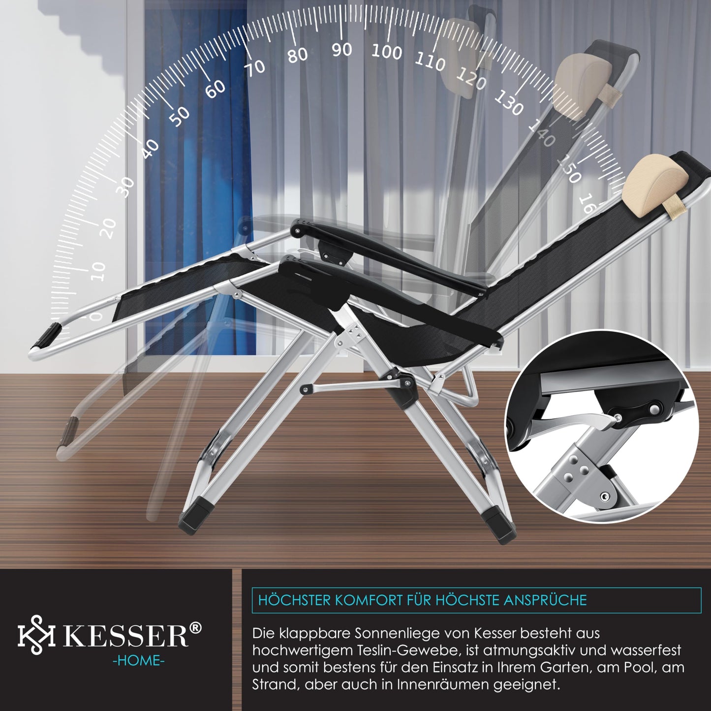 KESSER® sun lounger: Foldable &amp; weatherproof including neck pillow &amp; cup holder