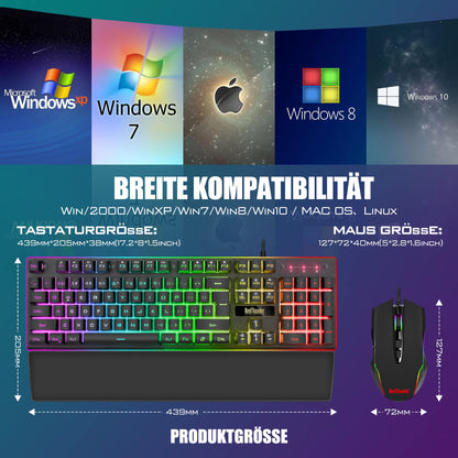 RedThunder K10 Gaming Tastatur und Maus Set, QWERTZ DE-Layout, Metallplatte und Handballenauflager,RGB-Hintergrundbeleuchtung und 7D mit Ergonomische für PC Gamer(Schwarz)
