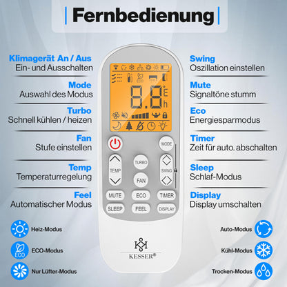 KESSER® 'Quick Connect' Split Klimaanlage-Set mit Heizfunktion: 12000BTU, 3,4kW, WiFi & App