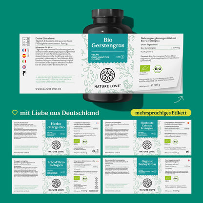 NATURE LOVE® Bio Gerstengras aus deutschem Anbau (1500mg je Tagesdosis): 180 Kapseln - Hochdosiert