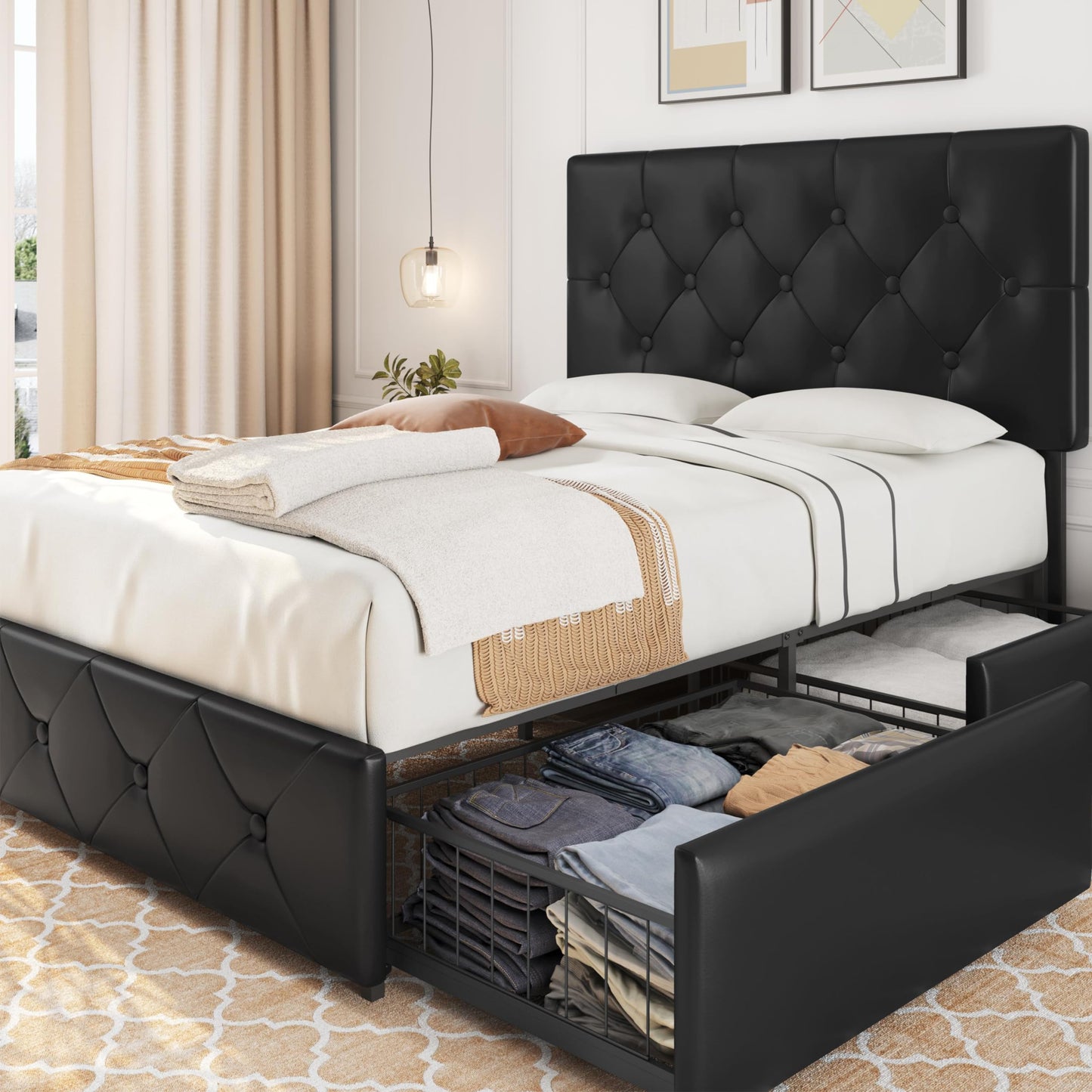 Upholstered bed with 4 storage drawers (140x200cm): Double bed frame with slatted frame | Black