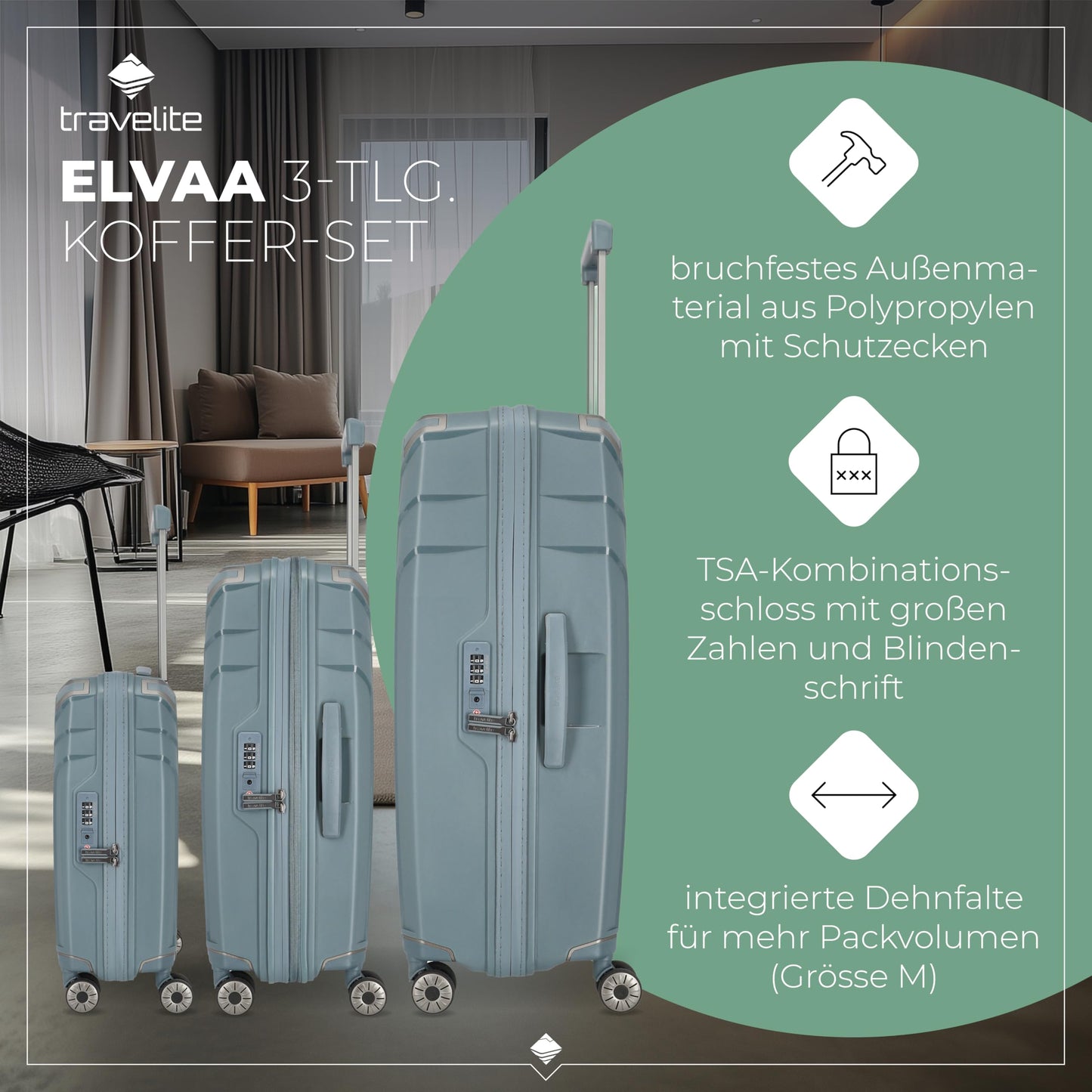 TRAVELITE 'Elvaa' hard-shell travel suitcase set (3 pieces) with recycled lining, TSA lock 