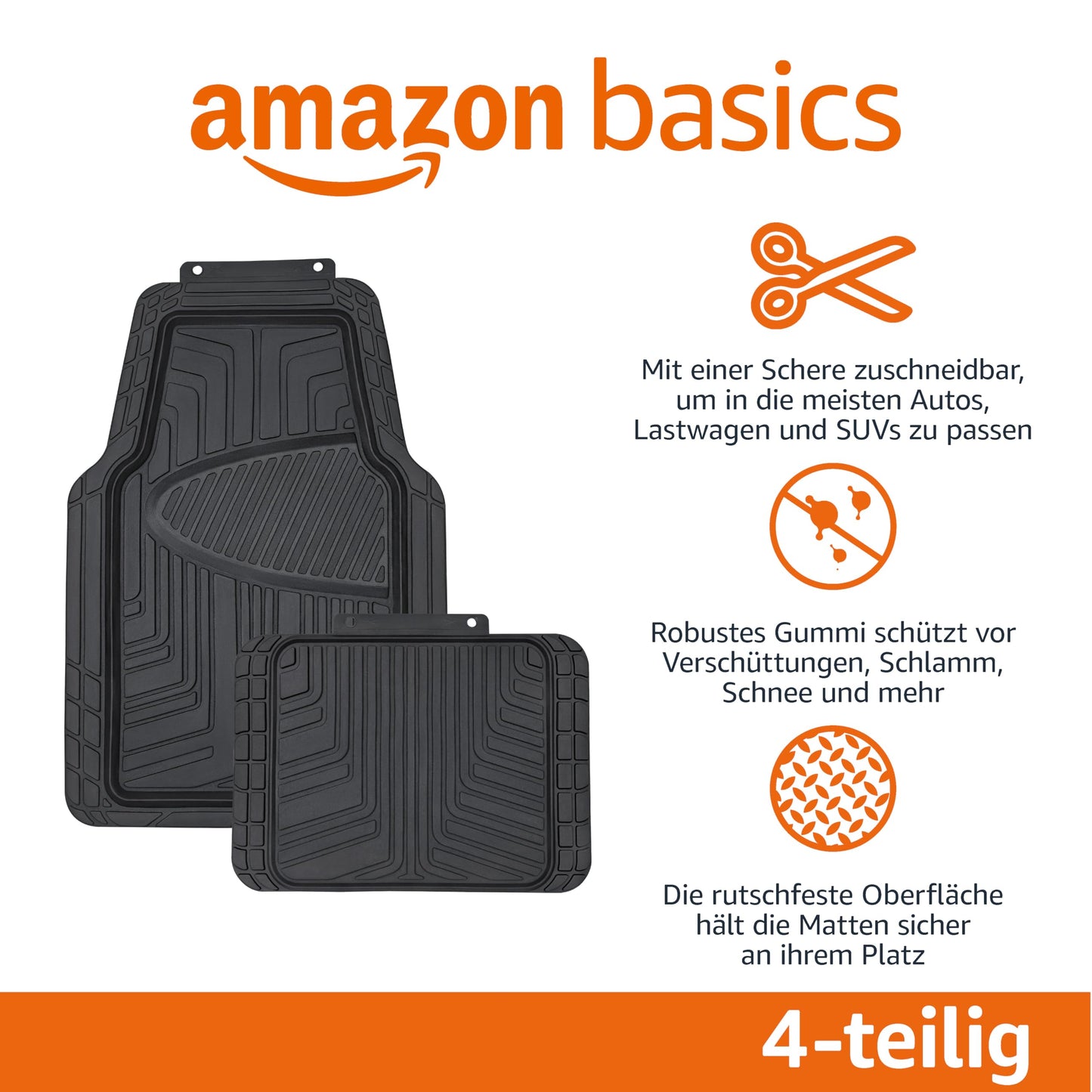 Amazon Basics Ganzjahres-Bodenmatten aus Gummi (4 Stück) für PKW, SUV und LKW (Schwarz)