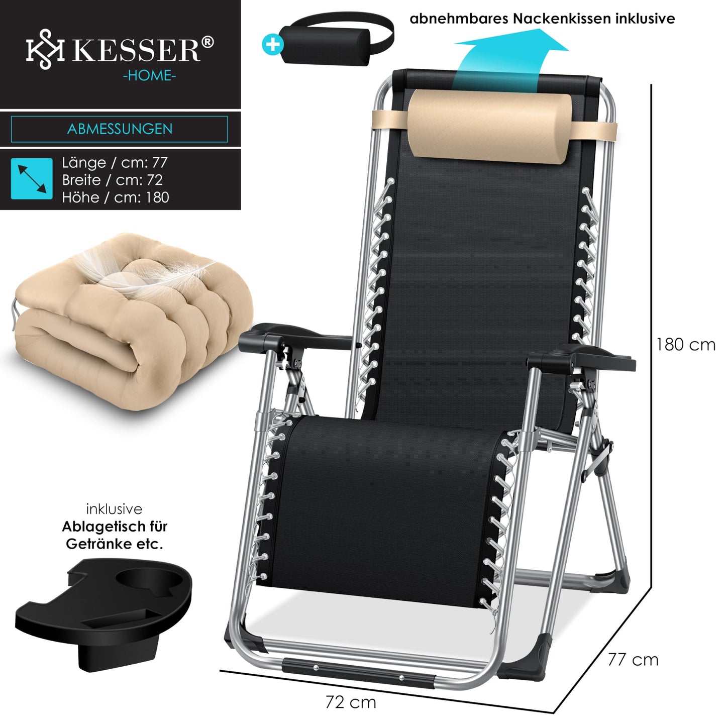 KESSER® sun lounger: Foldable &amp; weatherproof including neck pillow &amp; cup holder