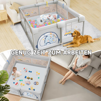 Laufgitter Baby mit rutschfestem Boden (200x180cm) inkl. 60 Seebälle, 4 Griffe, Playpen, Aufbewahrungstasche