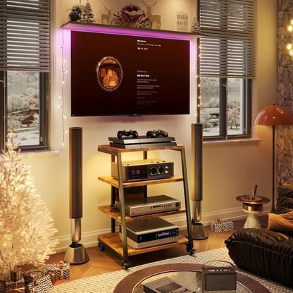 4-stufiger HiFi-Regal mit Rädern, Steckdosenleisten & LED-Leuchten für Stereoanlagen, TV