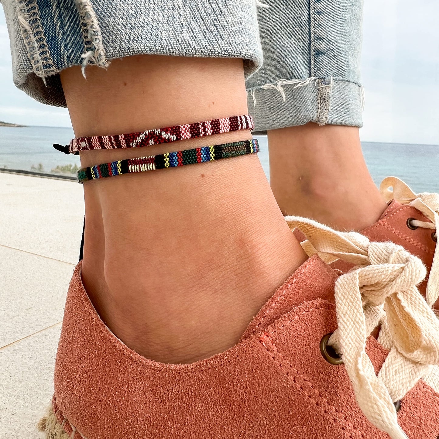 Unisex Surfer-Fußband (2er Set): Dünnes Boho-Hippie-Ethno Fußkettchen | Handmade, Wasserfest & Verstellbar