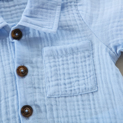 Zweiteiler-Kleidung-Set für Kleinkind, Jungen: Baumwolle-Leinen Outfit (Blau - in verschiedenen Größen)