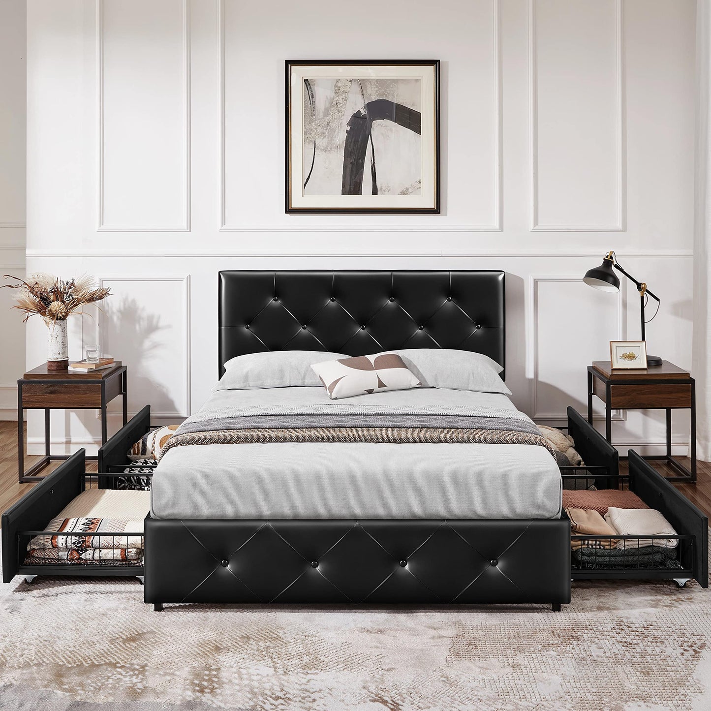 Upholstered bed with 4 storage drawers (140x200cm): Double bed frame with slatted frame | Black