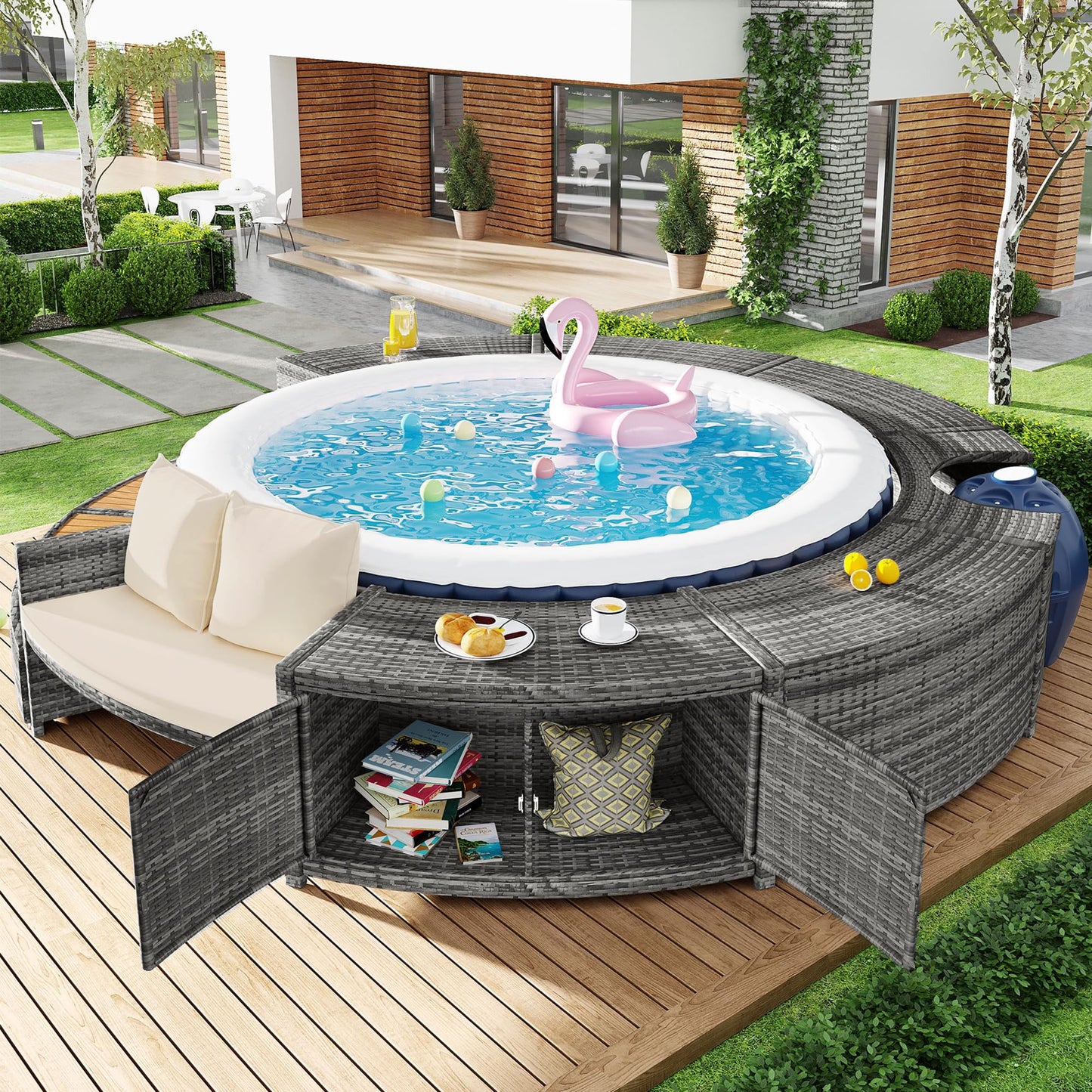 Garden lounge set with round couch for whirlpool &amp; pool with adjustable feet including cushions