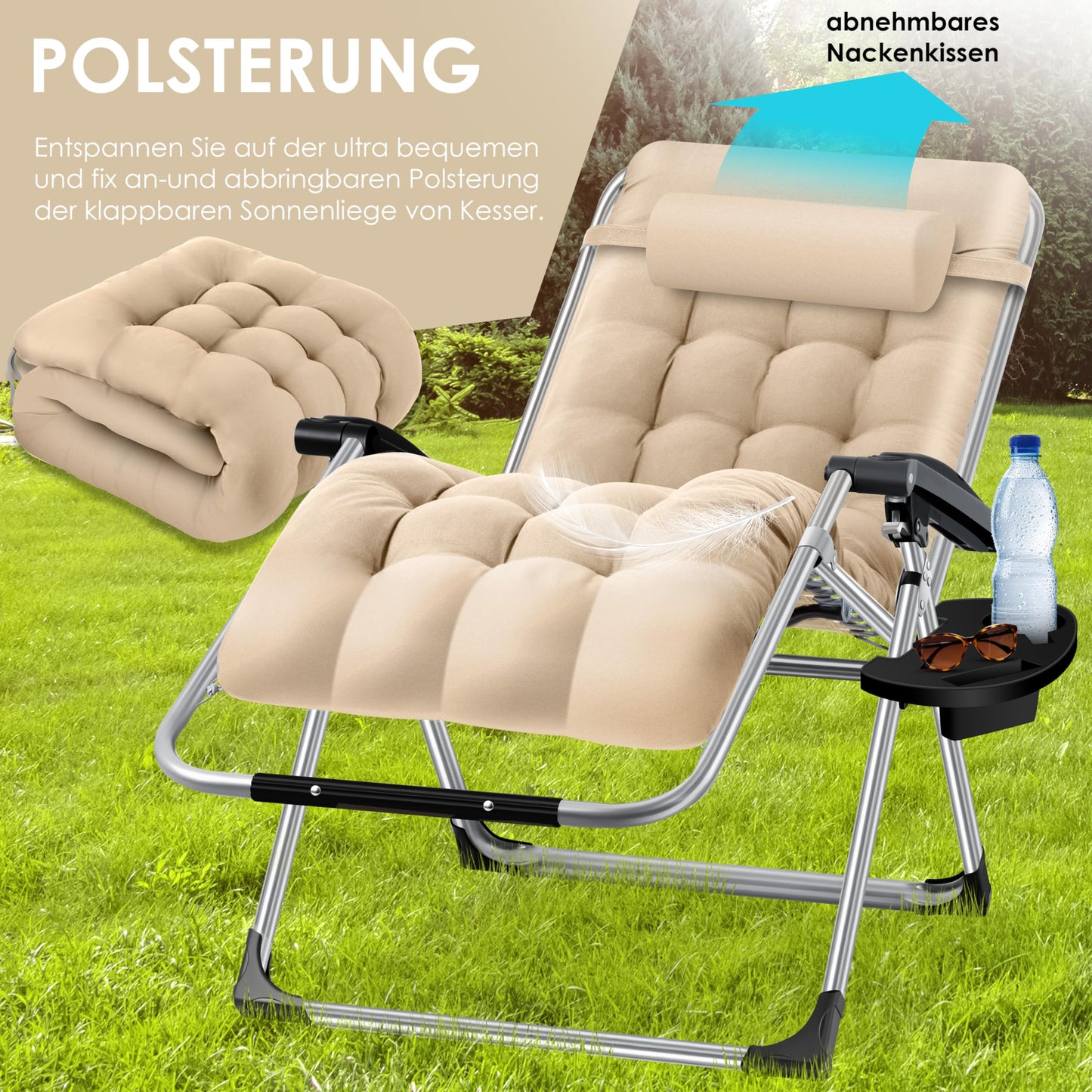 KESSER® sun lounger: Foldable &amp; weatherproof including neck pillow &amp; cup holder