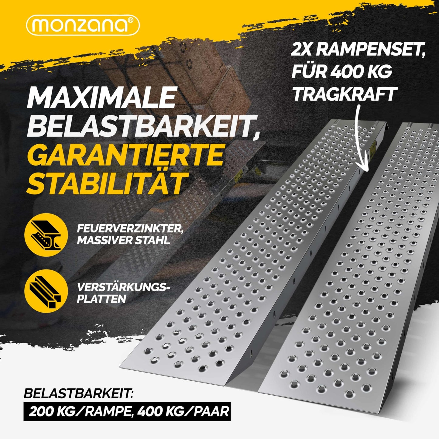 MONZANA® 2x Auffahrrampe: 400kg Tragfähigkeit aus galvanisierter Stahl (160x22,5x4,5cm)