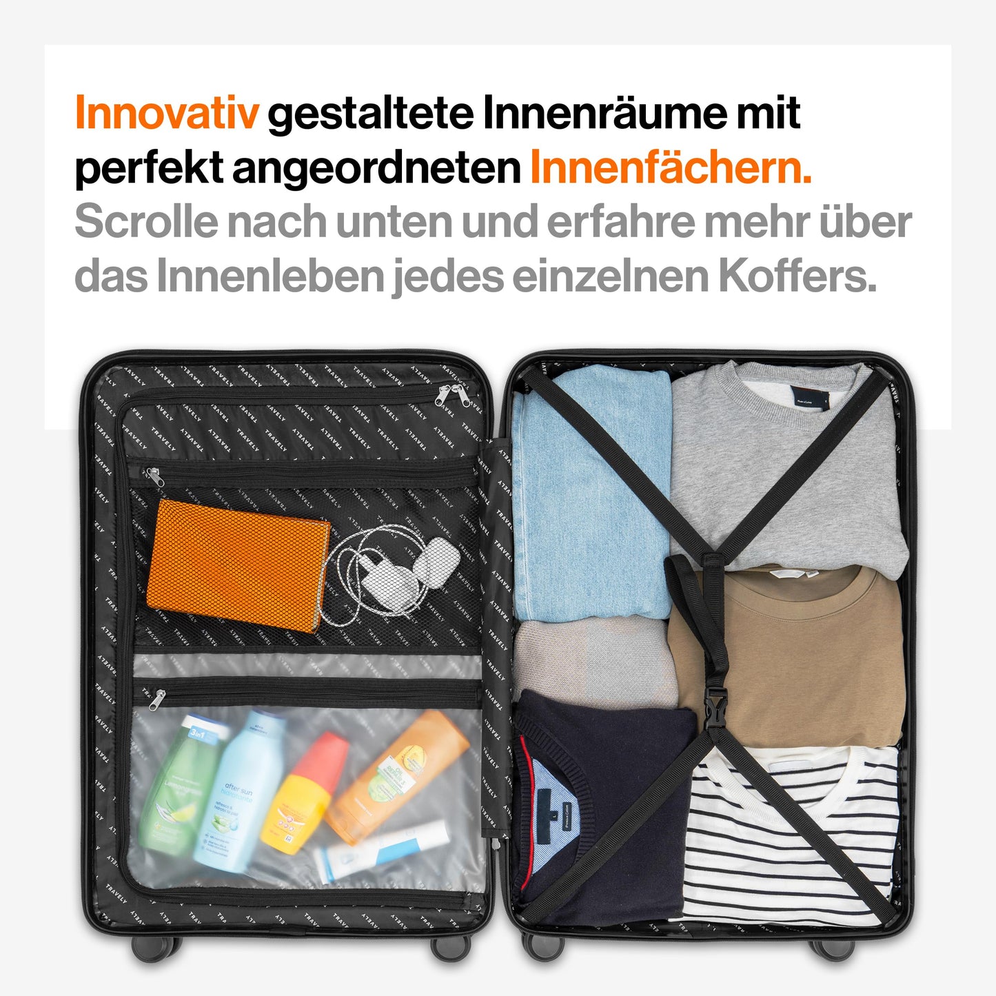 TRAVELY Polycarbonat Koffer-Set (3-teilig) mit sanften Rollen & TSA Schloss | Schwarz