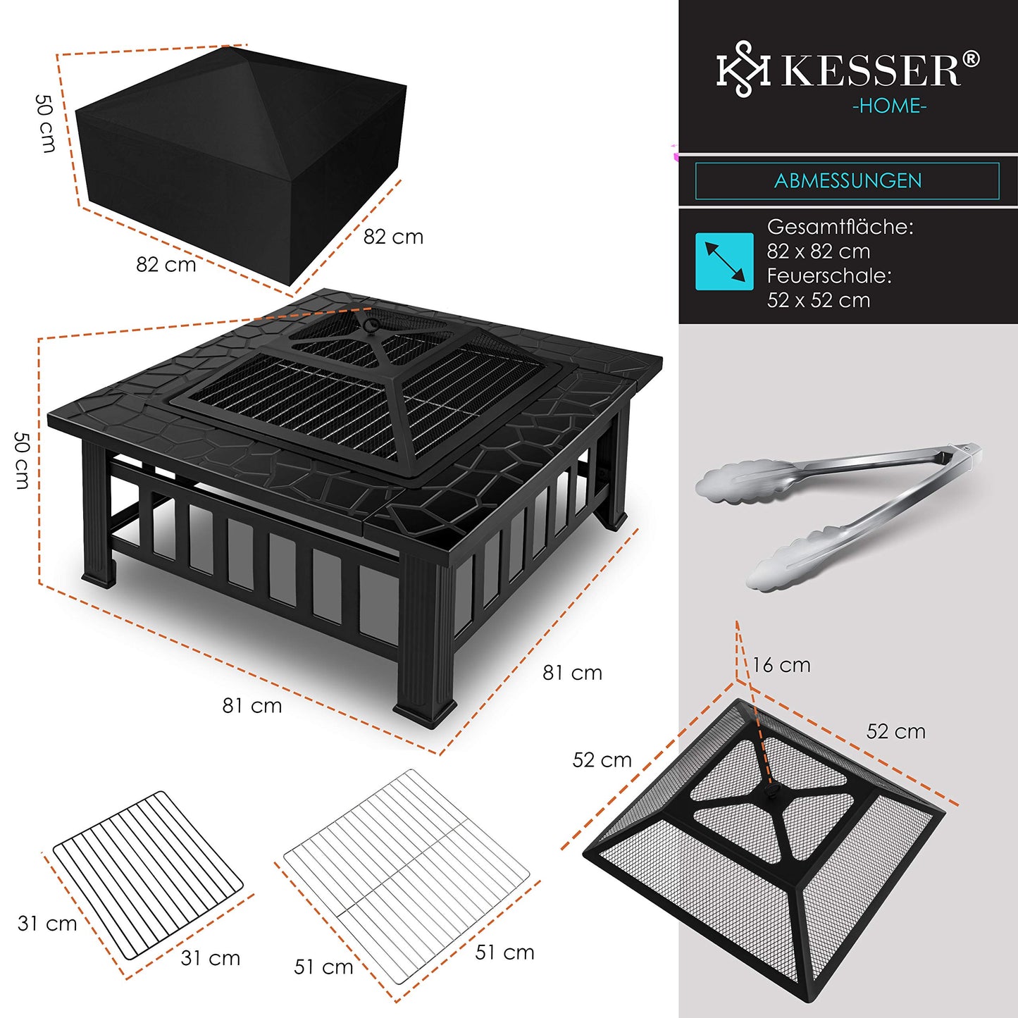 KESSER® fire pit with grill grate &amp; grill tongs: fire bowl, BBQ grill with spark guard