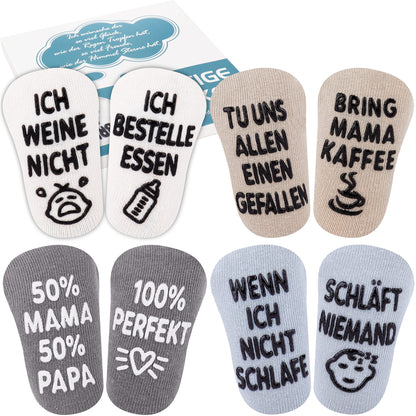 Belloxis Baby Socks (4 Pairs): Fun Text Prints &amp; Non-Slip | For Babies 0-12 Months