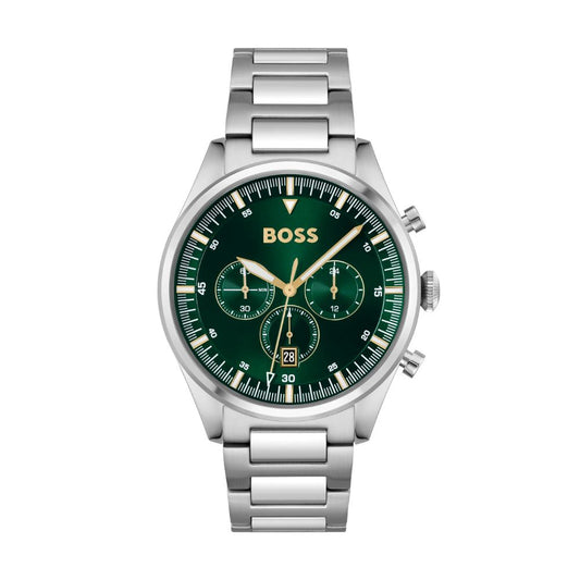 BOSS Chronograph quartz watch (1513868) for men from the 'Pioneer' collection with silver stainless steel bracelet