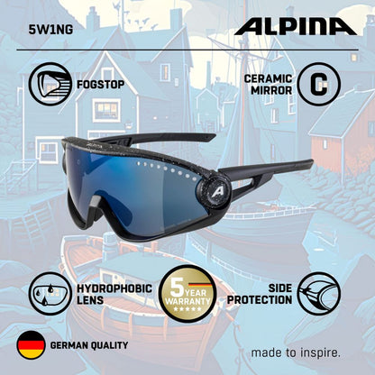 Alpina '5W1NG CM+' unisex sports glasses: 100% UV protection, ceramic lenses, fogstop (black-blur)
